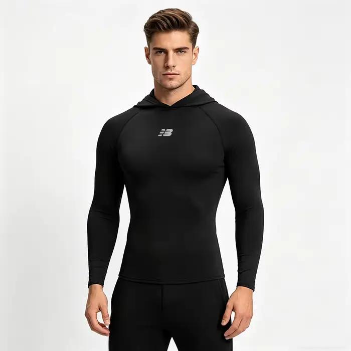 T-shirt de course pour homme, à compression, à capuche, à manches longues, pour la gym, le fitness, 