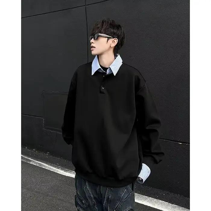 Sweat-shirt deux en un à col de chemise pour hommes, ample et décontracté, Style collège, haut à man