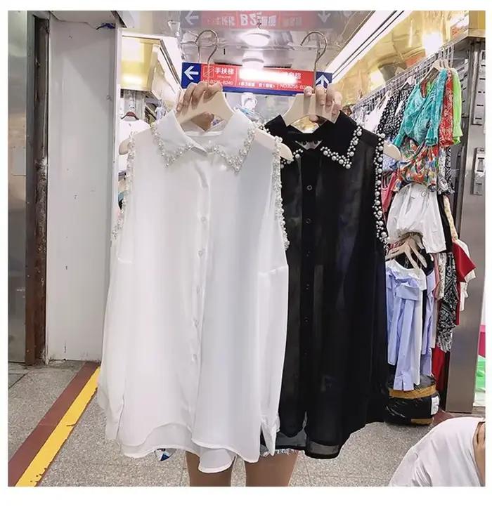 Mode femmes vêtements mince perle hauts en mousseline de soie lâche épaules nues Blouse 2025 printemps été revers