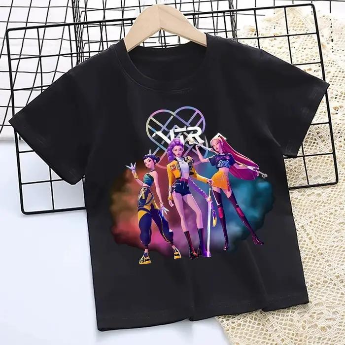 T-shirt KPOP Demon Hunters pour enfants, t-shirt noir de dessin animé pour filles, col rond, vêtements à manches courtes, vêtements d'été pour enfants, cadeau