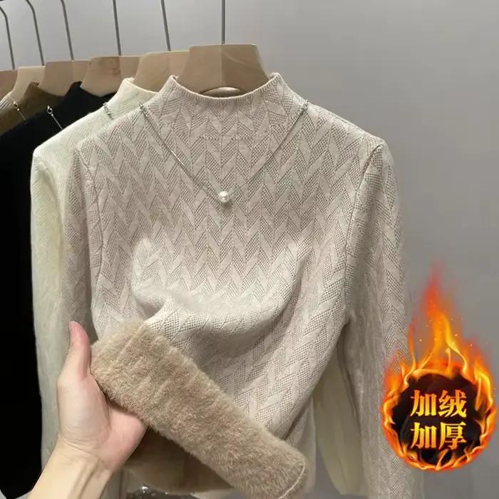 Pull pour femmes hiver peluche velours doublé épaissir demi col roulé respectueux de la peau Jacquard rayures