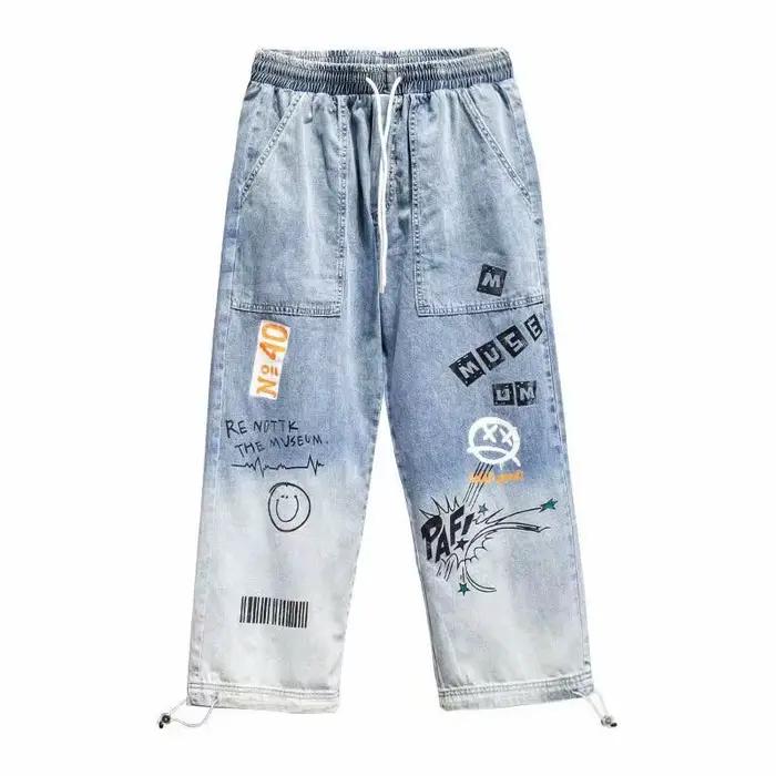 Vêtements coréens hommes lettre imprimé jean taille haute Baggy