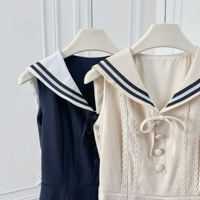 Robe d'été à col marin pour femmes, Style Preppy, noire, à volants, sans manches, coupe cintrée, ligne a, courte, vêtements féminins à la mode