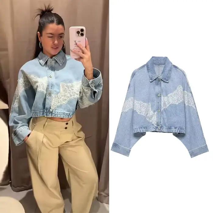 Veste Courte en Jean et Dentelle pour Femme, Nouvelle Collection Printemps 2026, Manches Longues Boutonnées, Chic et Tendance, Hauts Élégants pour Femme