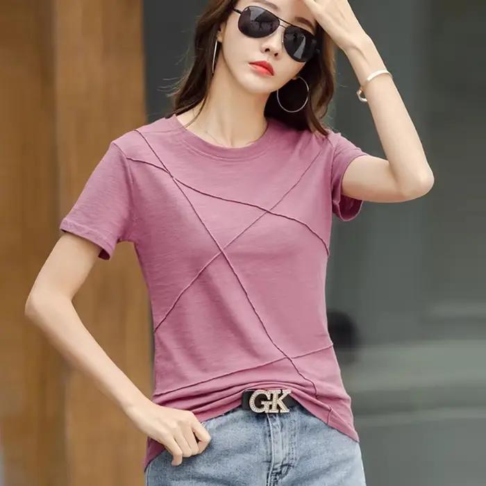 Mode printemps été mince bambou coton T-Shirts femmes col rond manches courtes coréen côtelé t-shirt femme décontracté solide hauts