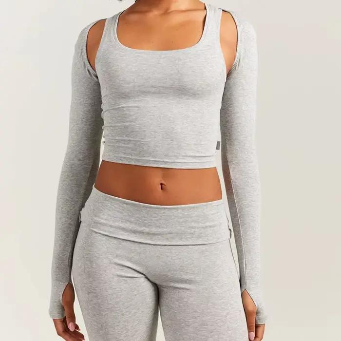 Femmes haussement d'épaules T-shirt Sport Yoga Jogging à manches longues hauts courts couvertures élégant mode femme entraînement salon Micro t-shirts