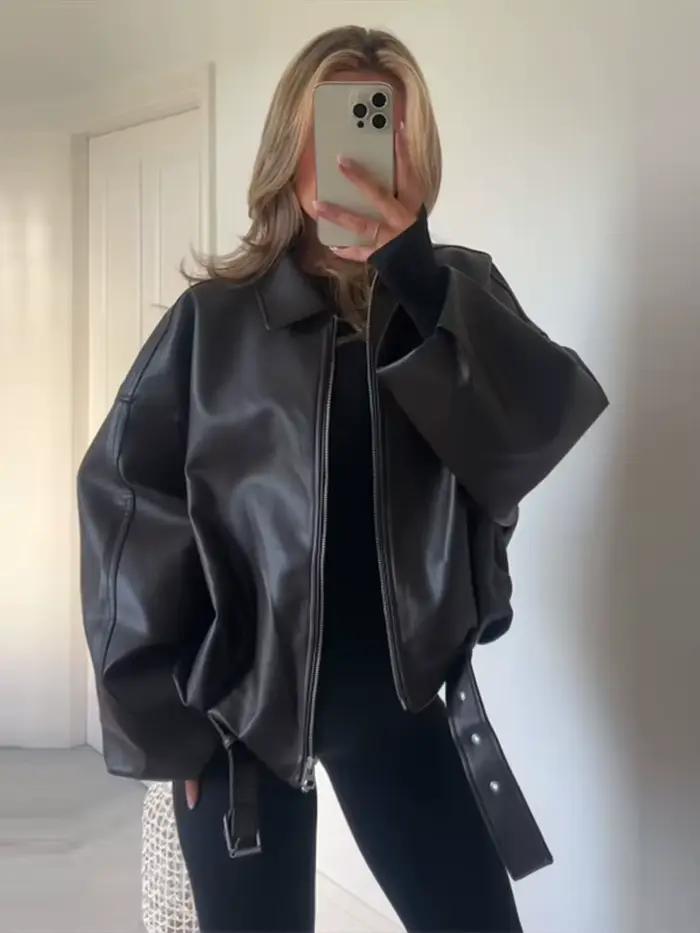 Veste courte Vintage en Faux cuir pour femme