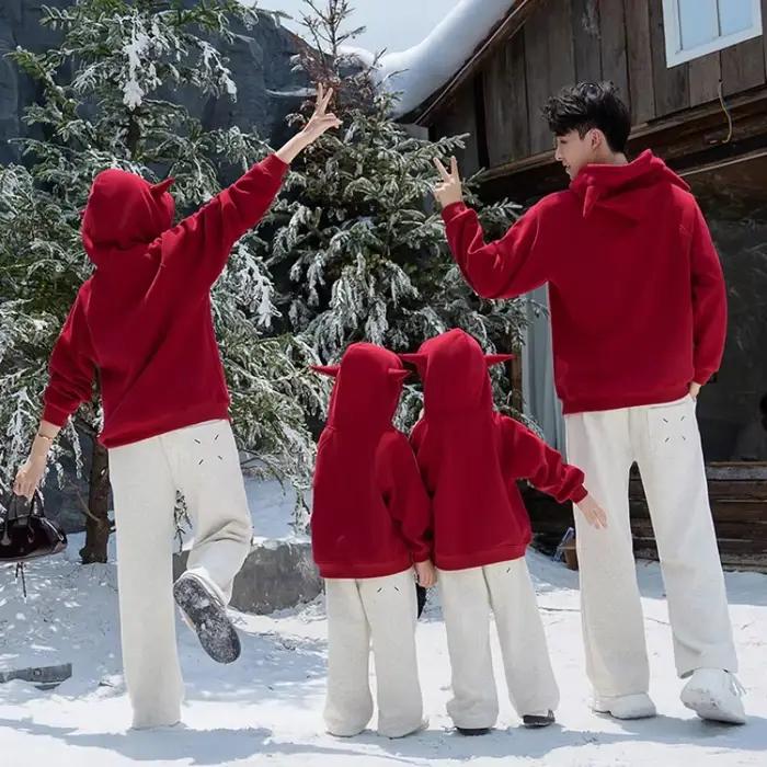Ensembles de sweats à capuche et pantalons PVD assortis pour la famille, oreille rouge, vêtements parent-enfant, papa, fille, fils, hiver, confort, design unique