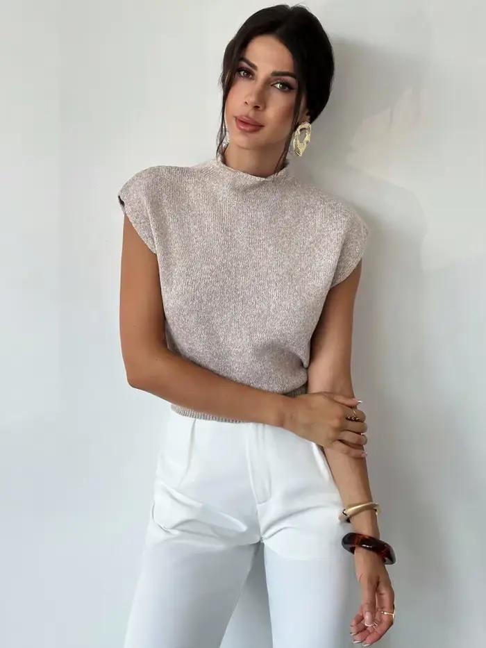 Pull en maille à col montant et manches courtes pour femme – Printemps