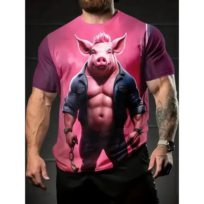 Nouveau T-shirt Homme Amusant Motif Cochon Dessin Animé 3D Imprimé Manches Courtes Col Rond en Polyester – Vêtements