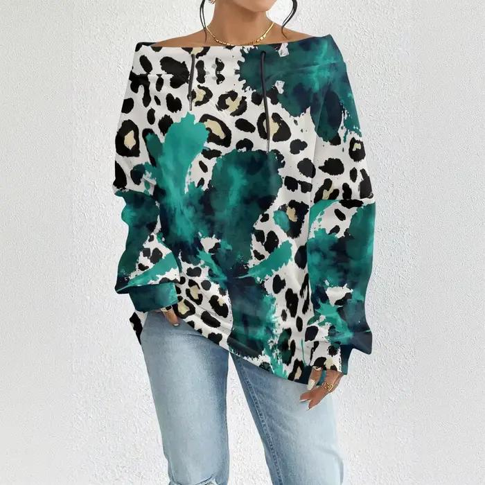 Sweat-shirt à épaules dénudées imprimé léopard animal Trendsetting avec cordons réglables pour streetwear décontracté et mode coréenne