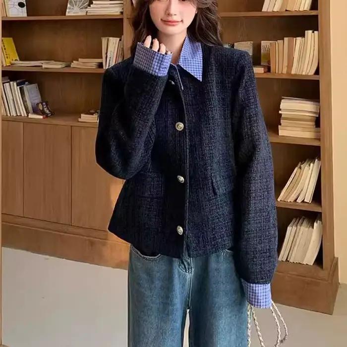 Veste en tweed à carreaux bleu marine pour femme, manteau à manches longues tendance automne, style preppy, col rabattu, manteau pour femme