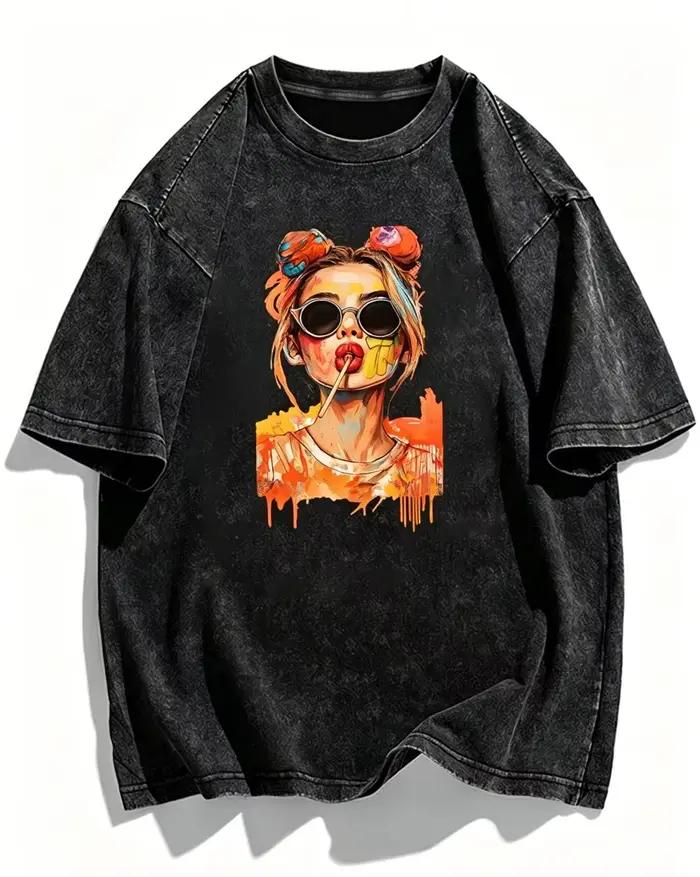 T-shirt streetwear vintage délavé avec motif Pop Art Girl