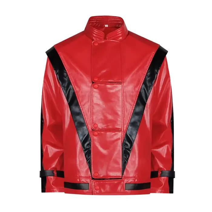 Veste Michael Jackson Thriller en similicuir rouge, costume de cosplay rétro, veste bomber pour performance scénique, veste décontractée pour hommes, veste varsity
