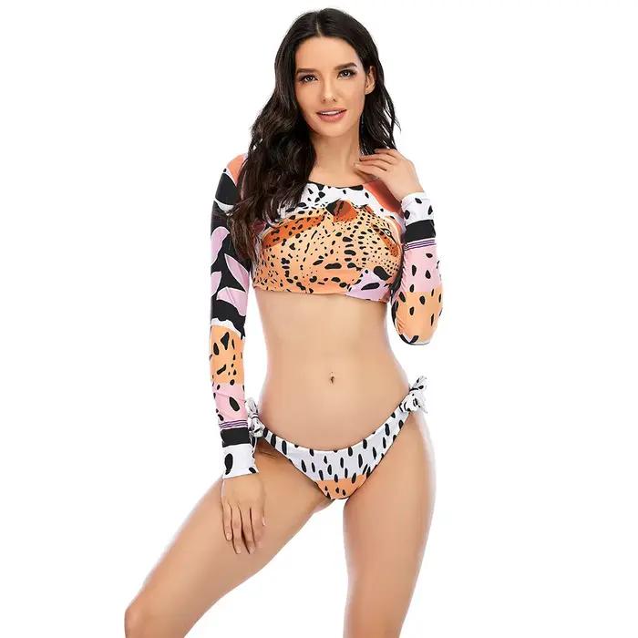 Maillot de bain deux pièces imprimé tigre pour femme, bikini push-up, manches longues, surf, été, nouveau, 2023