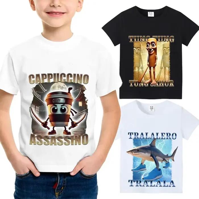 T-shirt Enfant Animaux Amusants 'Brainrot' Italien, Cappuccino Assassino, Hauts à Manches Courtes pour Enfants, Tee-shirt Meme Drôle et Mignon, Vêtements d'Été