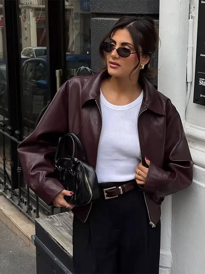 Veste rétro en cuir Pu pour femme