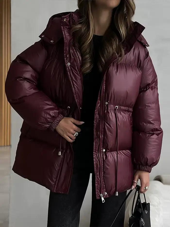 Veste mi-longue à capuche marron pour femme, manteau en coton, couleur unie, manches longues, cordon de serrage à la taille, vêtements d'extérieur chauds d'hiver