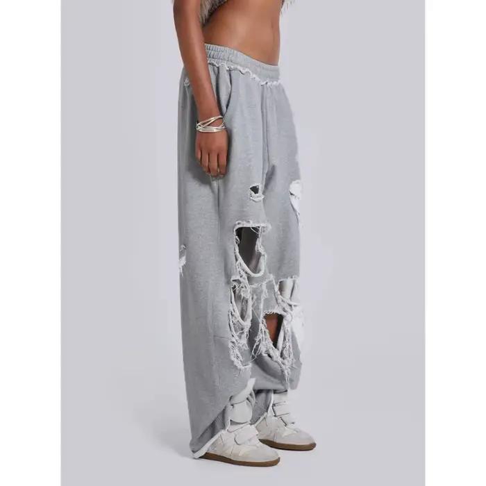 Deeptown Y2k gris trou femmes pantalon Jogging jambe large américain rétro Hip Hop pantalons de survêtement couleur unie Baggy décontracté Streetwear été
