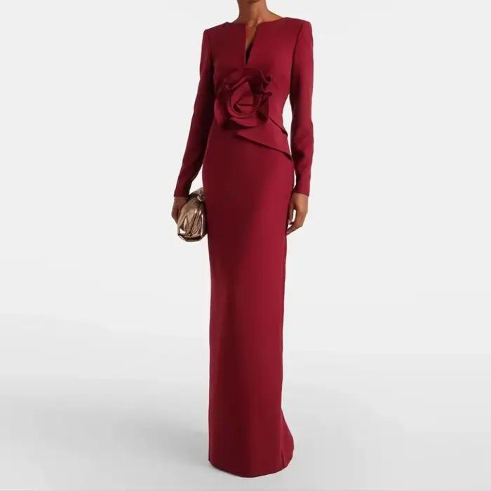 Robe de soirée élégante personnalisée, col en v, manches longues, Jersey moderne, robes de bal plissées à fleurs droites