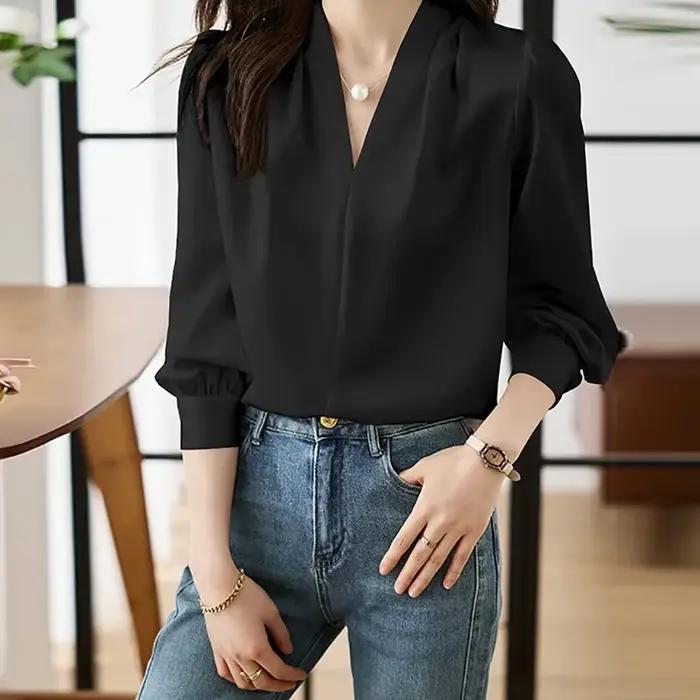 HELIAR Chemisier Élégant pour Femme en Chiffon à Col en V, Coupe Ample Décontractée à Manches Longues, Idéal pour le Bureau et les Soirées, Haut Chic pour l'Automne