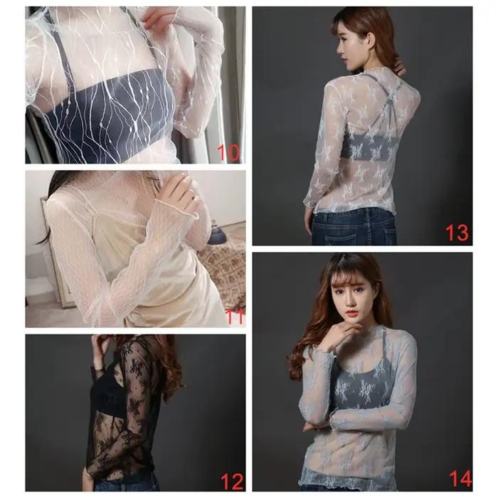 Transparent dentelle T-shirt maille résille à manches longues maille dames hauts Blouses pure noir Transparent T-shirt femmes filles