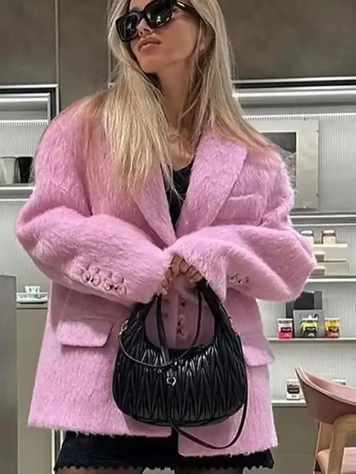 Blazer en fausse fourrure pour femme, manteau élégant, couleur unie, kaki, simple boutonnage, manches longues, bureau, polaire, nouvelle collection 2024
