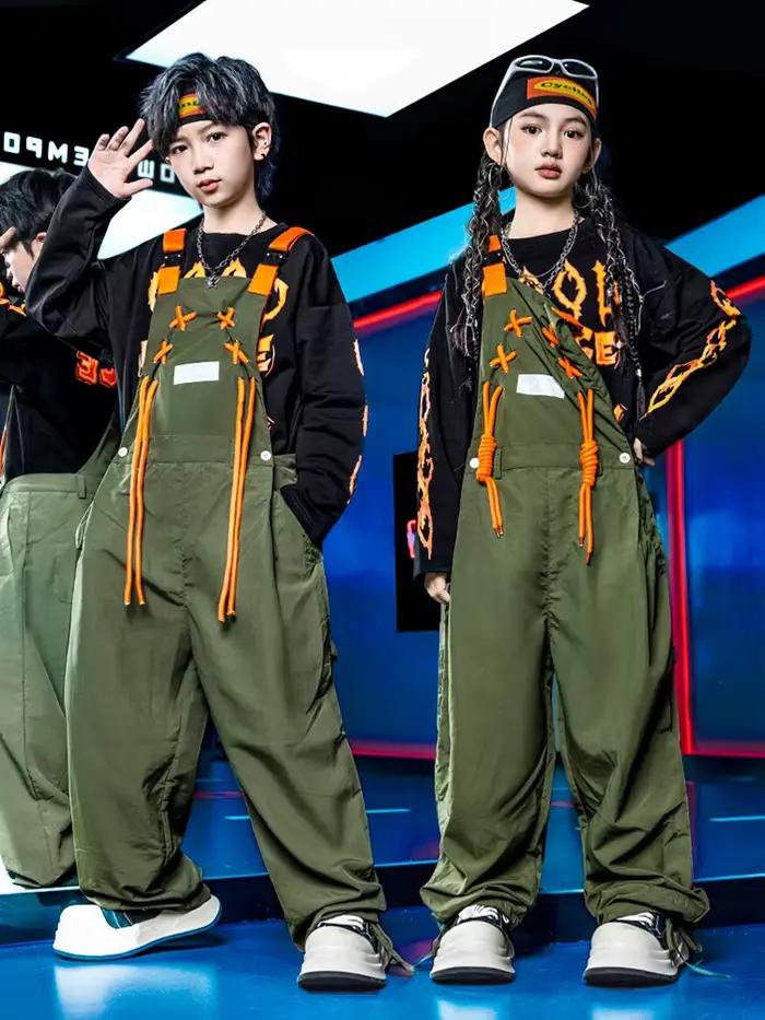 Enfant Kpop Hip Hop vêtements lettres noires sweat armée vert rue cravate bavoirs pantalon combinaison pour fille