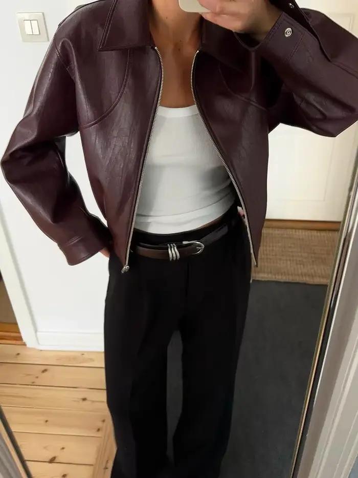 Veste rétro en cuir Pu pour femme