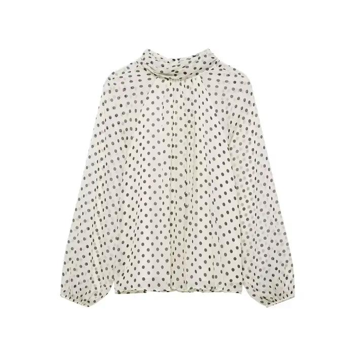 Chemise à pois pour femmes, style haute rue, col mi-haut, polyester, ajustement lâche, mode printemps automne, chemise élégante, occassions quotidiennes et sociales