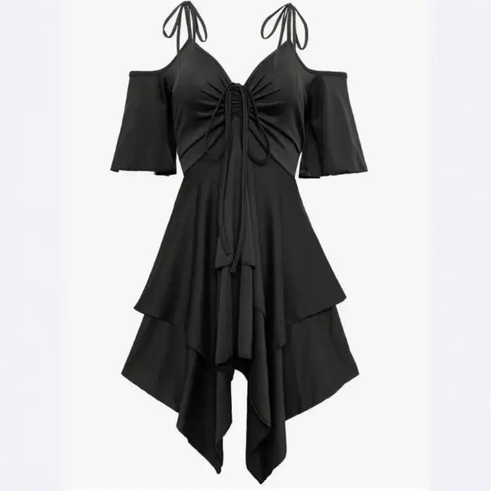Robe courte décontractée à col en V et manches courtes pour femmes rondes style urbain tendance printemps été coupe ample arc décoration ajustement lâche