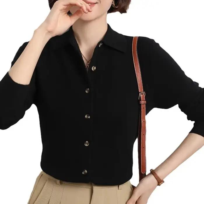 Pull Femme Cardigans automne hiver chaud col rabattu simple boutonnage mince dame marron tricots solide coréen