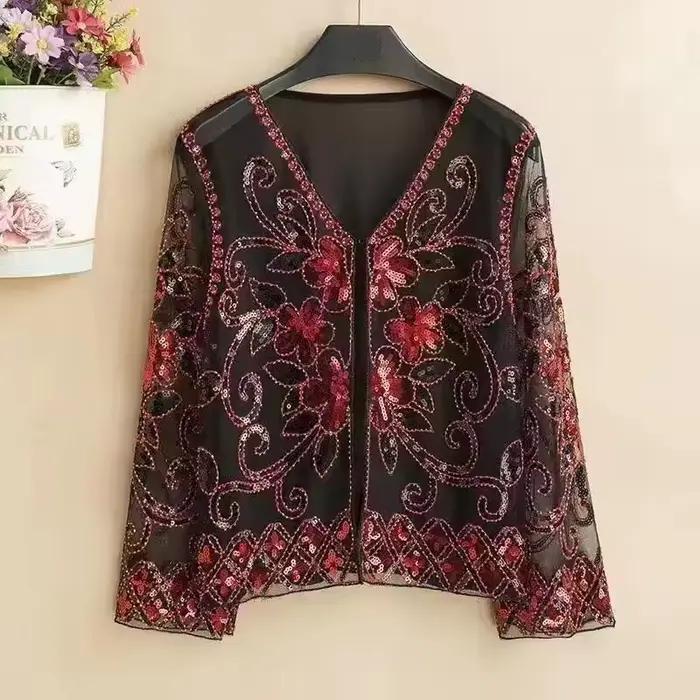 Vêtements pour femmes mode évider paillettes couverture en dentelle printemps automne nouveau col en V impression