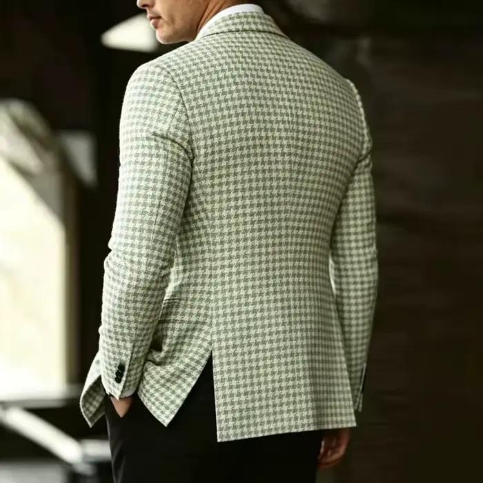 Blazer Homme en Laine Mélangée à Carreaux Pied-de-Poule, Coupe Slim, Revers, Double Boutonnage, Veste de Costume Formelle et Décontractée, pour Affaires, Mariages et Fêtes