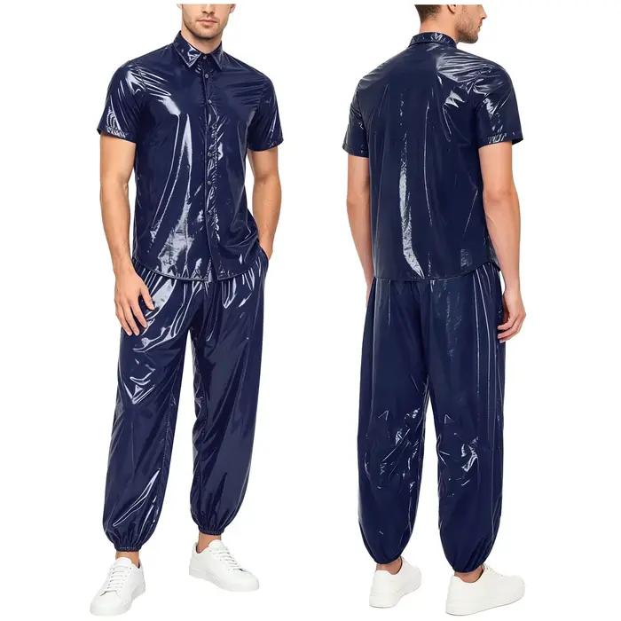 Ensemble de survêtement imperméable pour homme : T-shirt à manches courtes avec col à revers et boutons sur le devant, et pantalon de jogging à taille élastique – Idéal pour la pluie, le sauna et la s