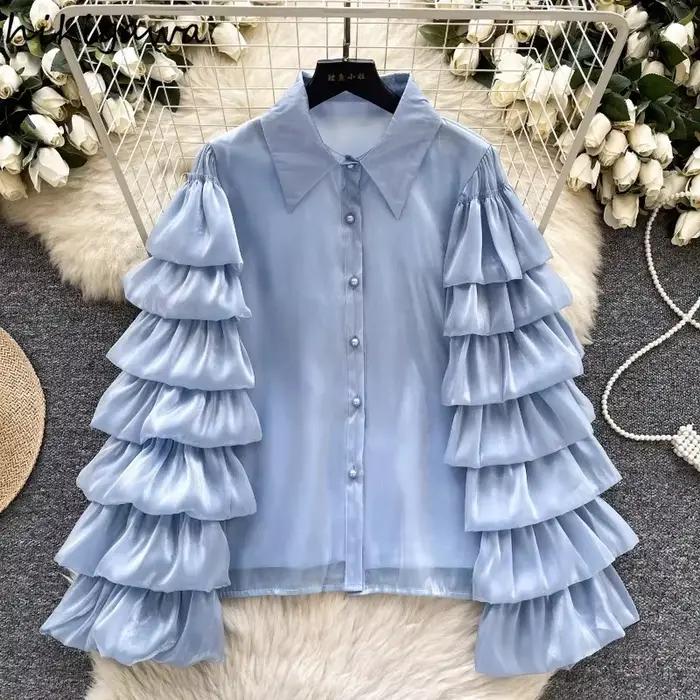 2025 Blusas Mujer De Moda Vintage Blouse vêtements pour femmes col rabattu à manches longues volants chemises été hauts à la mode femme