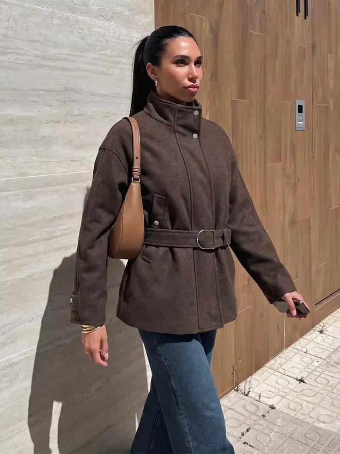 Manteau en laine mélangée HH Fashion avec ceinture pour femme, col montant décontracté, manches longues, poches zippées, coupe ample, élégant pour l'automne