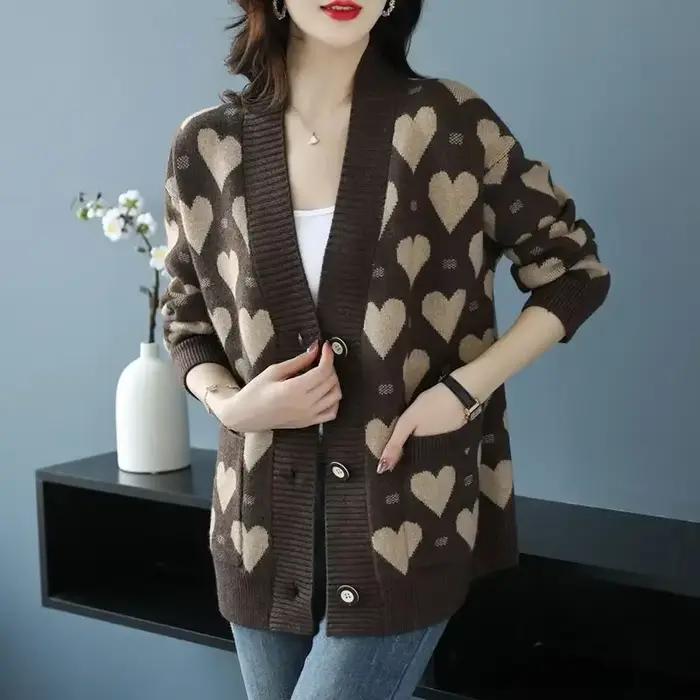 Marron hiver bouton hauts en tricot pour femme graphique Cardigan femmes pull col en v automne 2025 Y2k Vintage