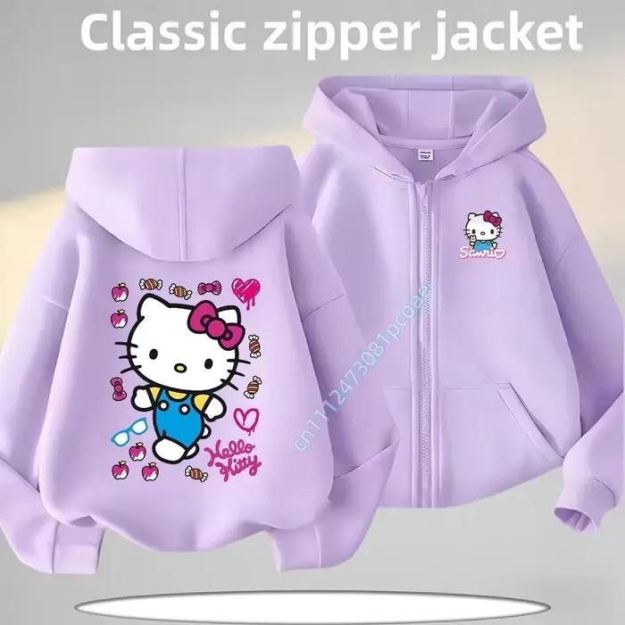 Veste décontractée pour fille avec imprimé de dessin animé Hello Kitty pour l'automne et l'hiver, chemise à capuche avec fermeture éclair pour enfants, chemise de sport pour garçon