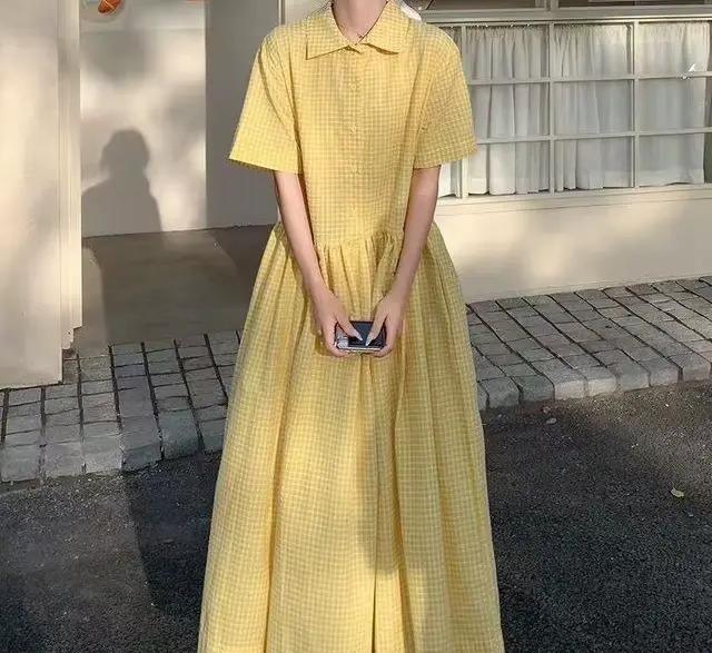 Robe chemise jaune à carreaux pour femme