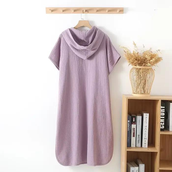 Peignoir en coton double gaze à capuche et manches courtes pour hommes et femmes