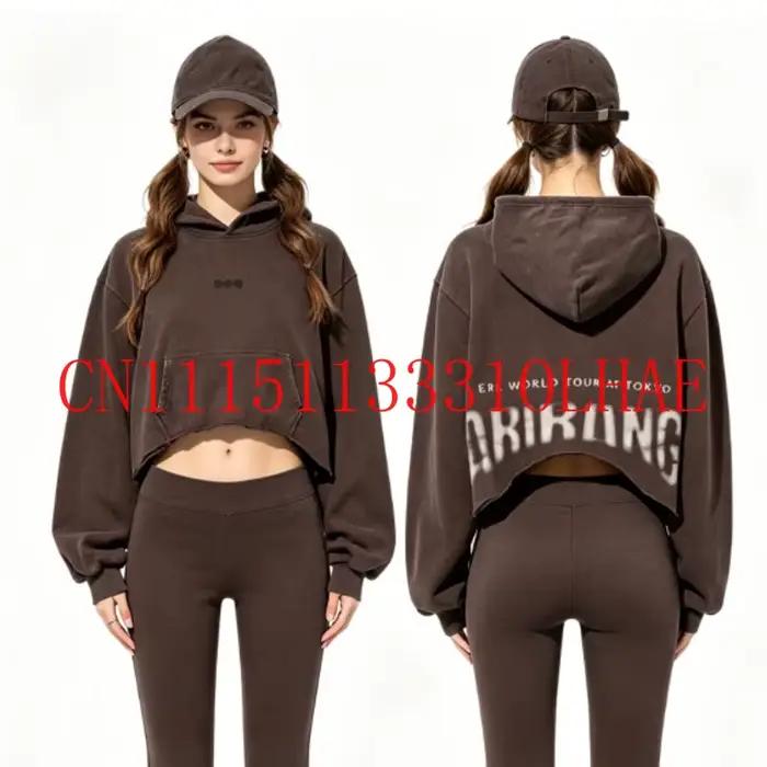 Sweat à capuche court et oversize marron délavé et vieilli 2026 avec imprimé ARIRANG – Style streetwear décontracté
