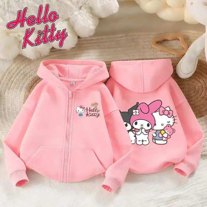 Veste pour filles Hello Kitty, manteau à fermeture éclair, pull imprimé chat de dessin animé, sweat à capuche fin pour printemps et automne, vêtements d'extérieur en coton, cadeaux d'anniversaire