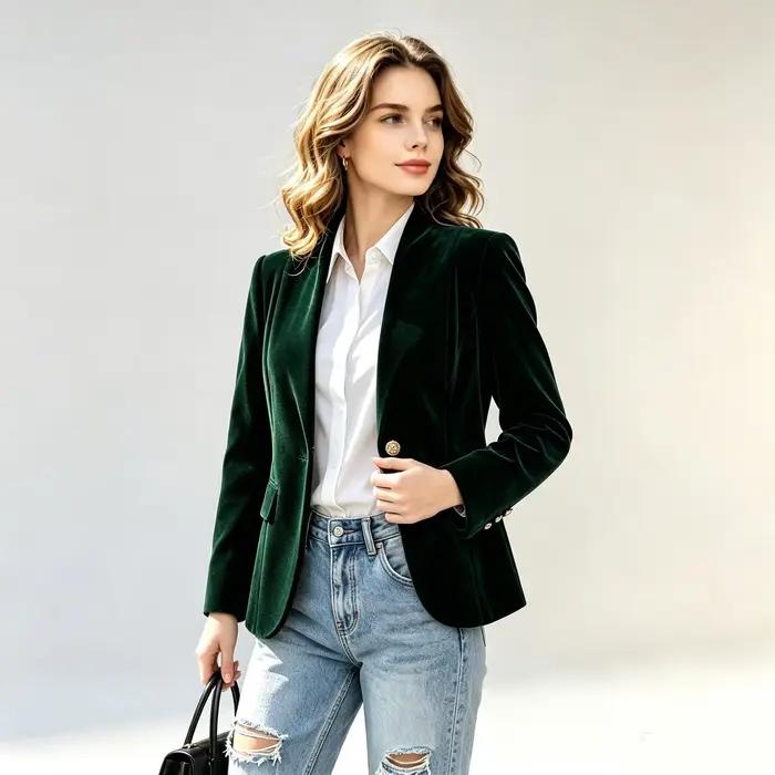 Blazer élégant en velours vert foncé pour femme, col montant, boutons dorés, coupe ajustée, style décontracté, vintage, veste de costume courte pour le bureau