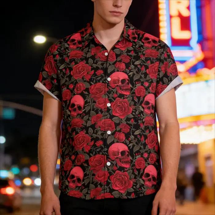 Chemise Hawaïenne Vintage Homme à Manches Courtes Motif Crâne et Rose