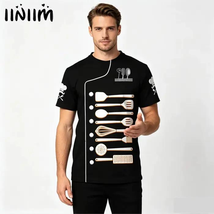 Chemise de chef élégante pour hommes, imprimée, pour hôtel, restaurant, cuisine, décontractée, col rond, manches courtes, t-shirt, vêtements de travail pour le service alimentaire