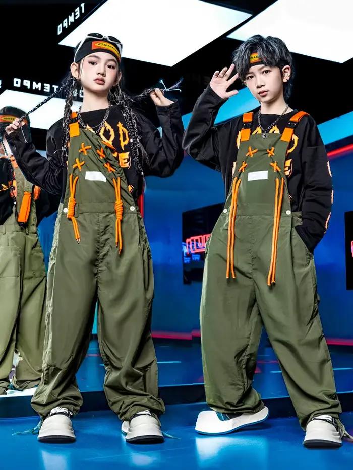 Enfant Kpop Hip Hop vêtements lettres noires sweat armée vert rue cravate bavoirs pantalon combinaison pour fille