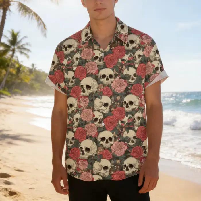 Chemise Hawaïenne Vintage Homme à Manches Courtes Motif Crâne et Rose
