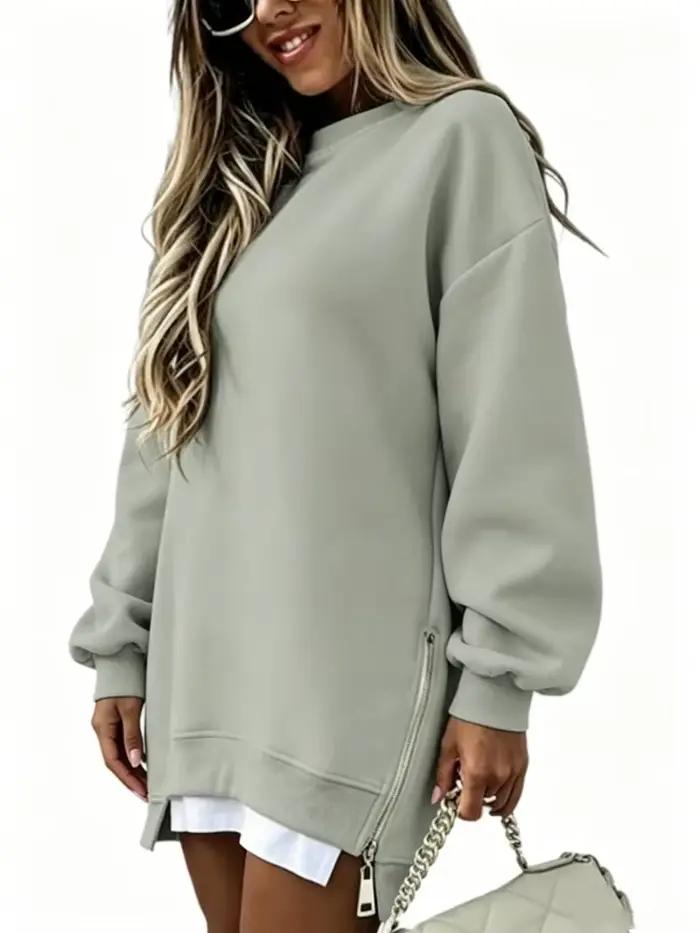 Sweatshirt à manches longues pour femmes avec fermeture éclair latérale coupe ample et décontractée style streetwear tendance pour printemps et automne