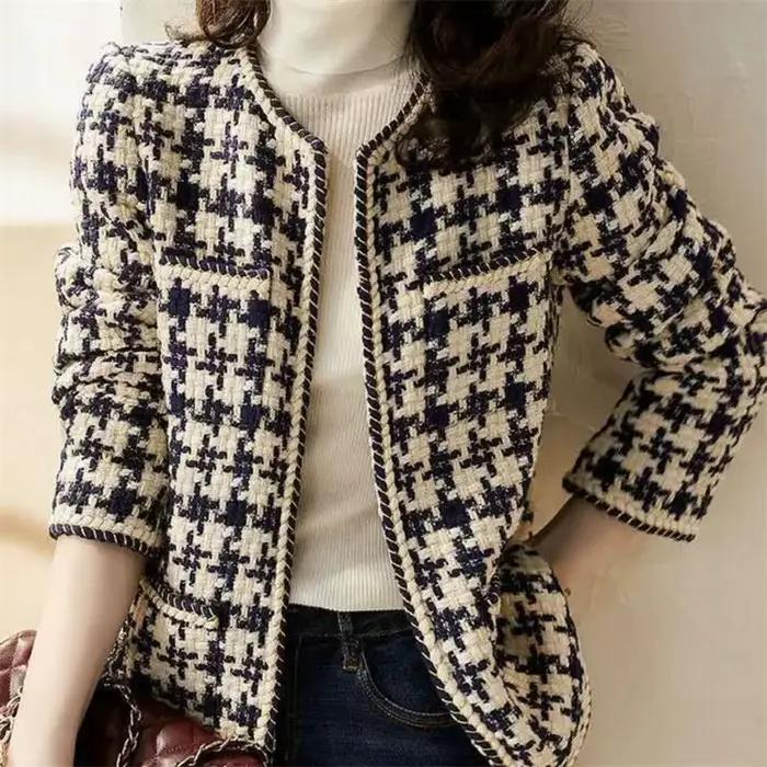 Veste pied-de-poule pour femmes, haut court français, ample, Tweed, Style occidental, petit parfum, manteau pour femmes, automne